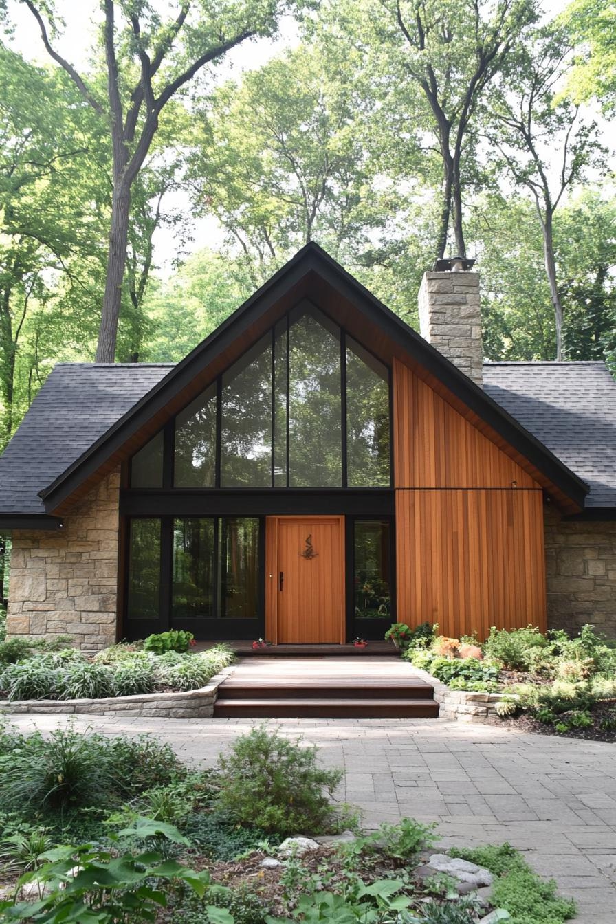 A-frame cabin with stone and wood elements surrounded by trees