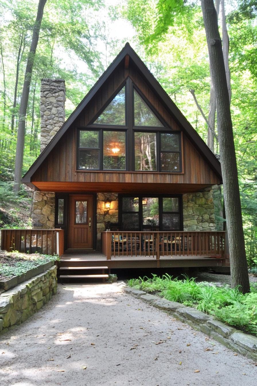 Quaint A-frame cabin with stone and wood exterior in the lush forest