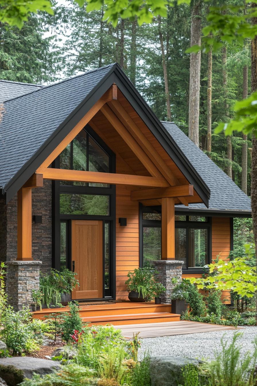 Cozy wooden cabin nestled among tall trees