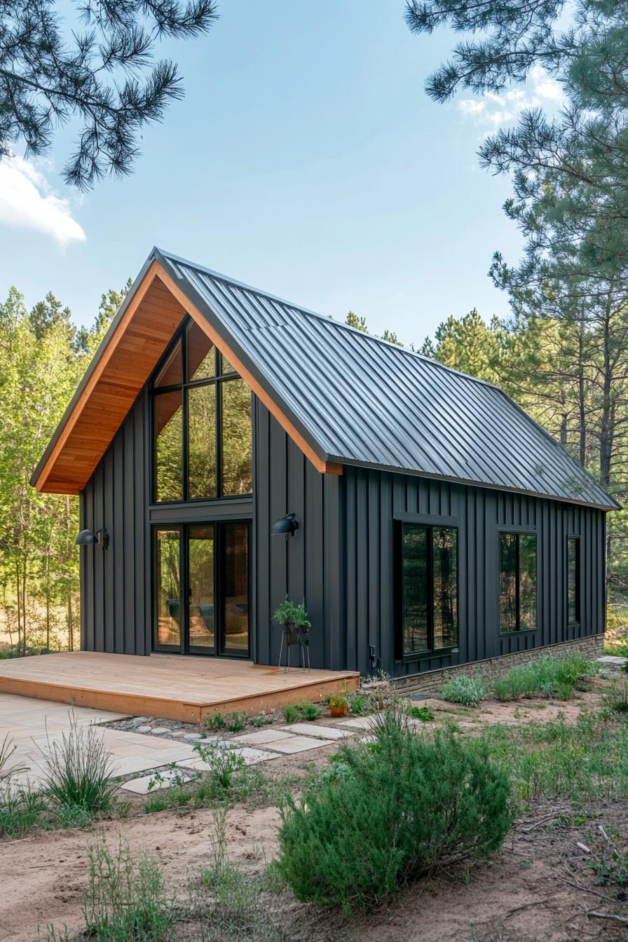 Small metal house with modern black finish surrounded by trees