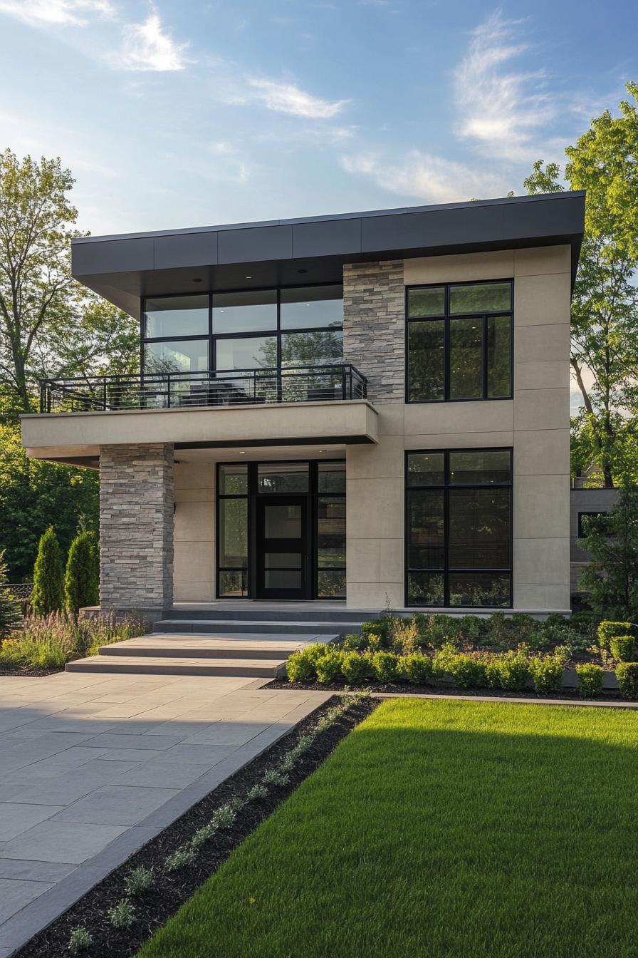 Sleek modern house with large windows and stone accents