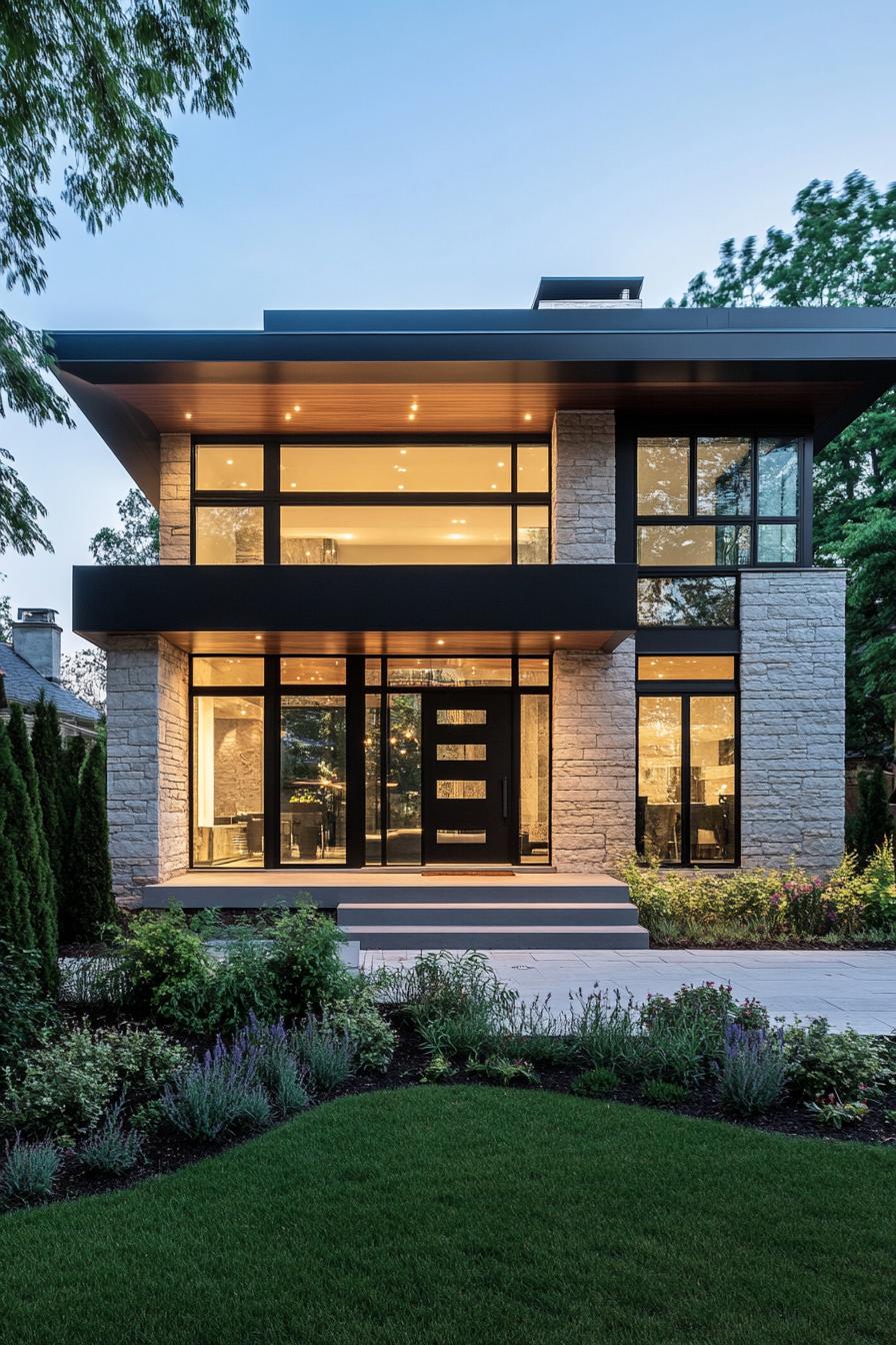 Modern house with large glass windows and a stone facade