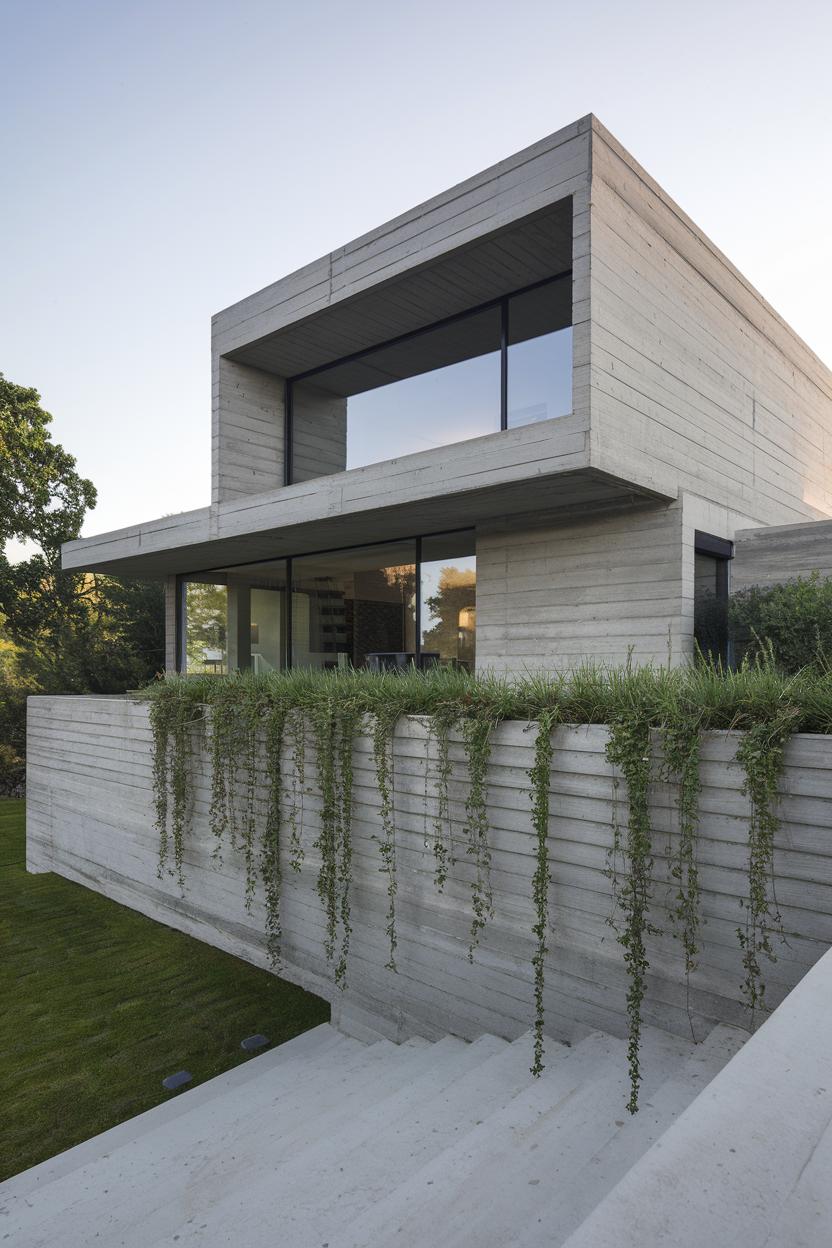 Modern concrete house amidst lush vegetation