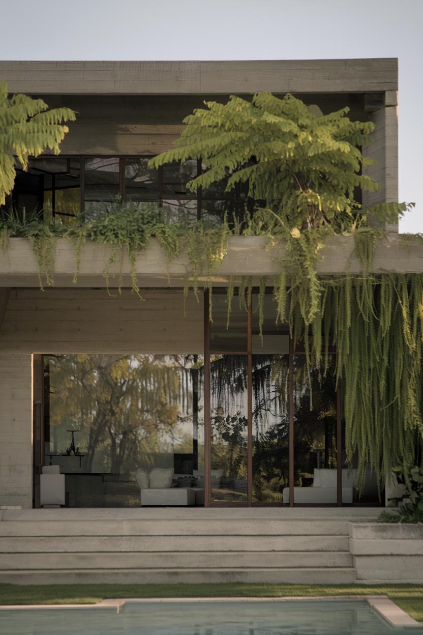 Brutalist house with lush greenery