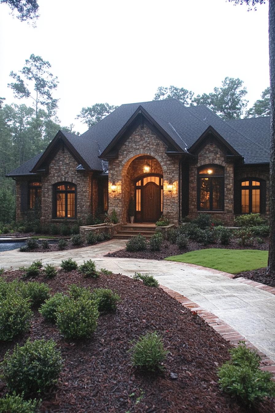 Stone cottage with warm lighting and landscaped garden