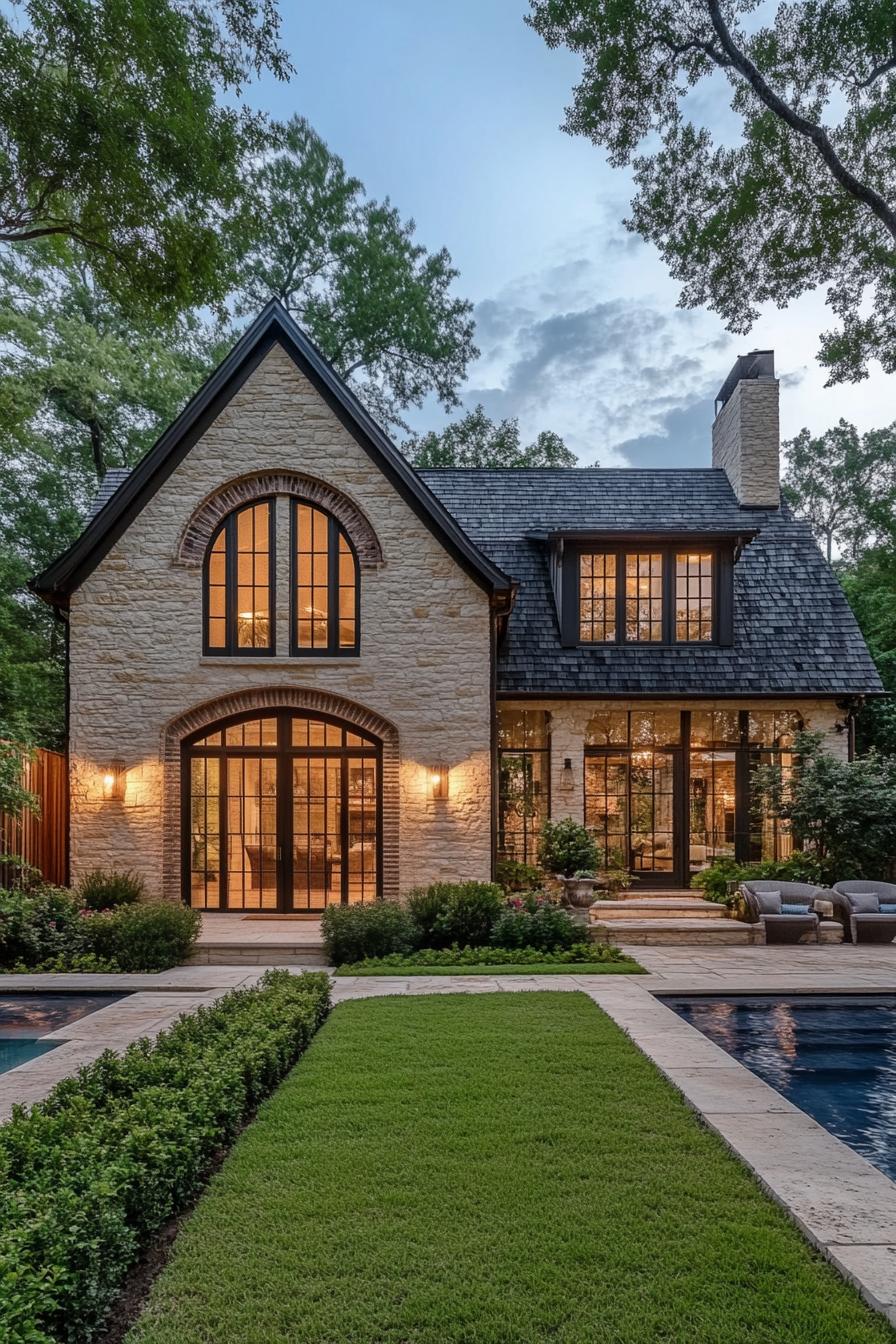 Charming stone cottage with large arched windows and a lush garden