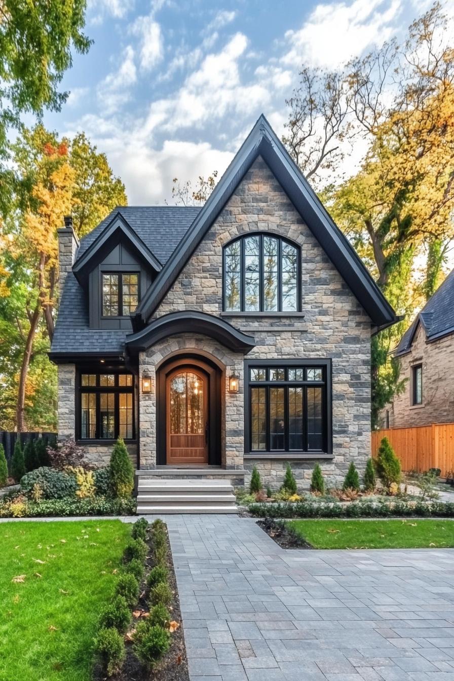 Stone house with arched windows and a neat garden