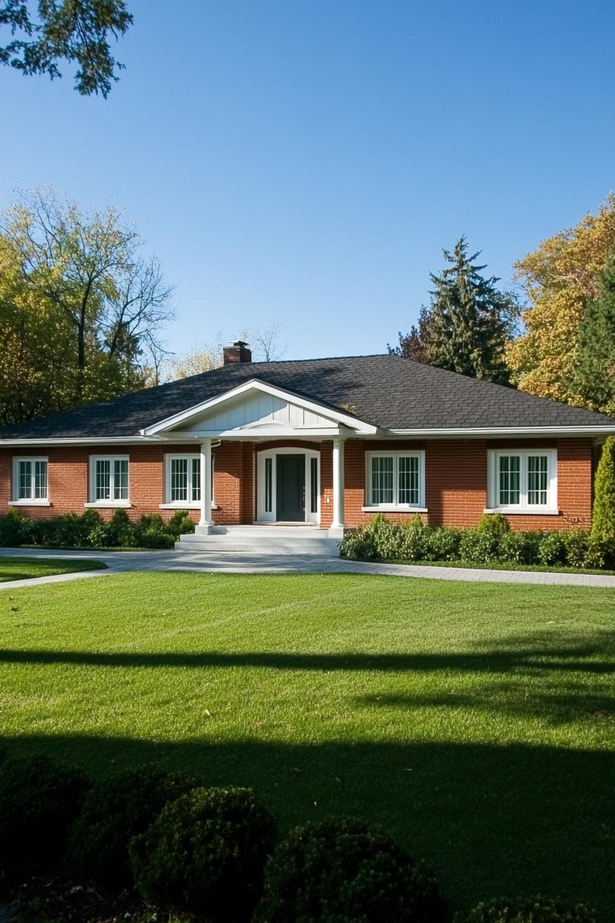 Single-story brick house with columns and a manicured lawn