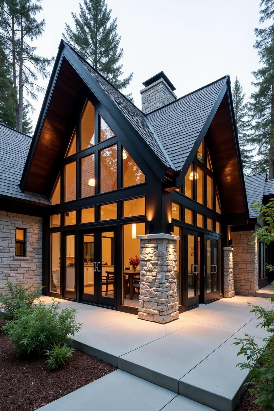 Modern black house with large gables and stone accents