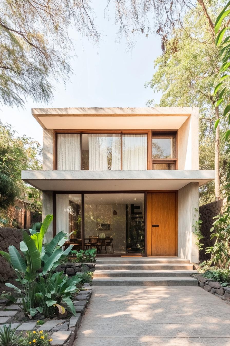 Two-story modern house with large windows and a welcoming pathway