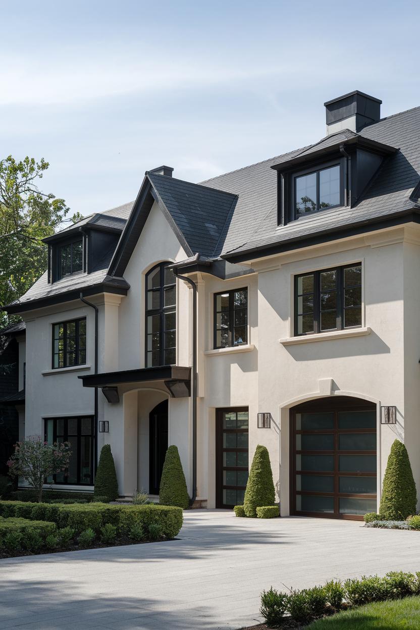 Modern suburban house with black-framed windows and lush greenery