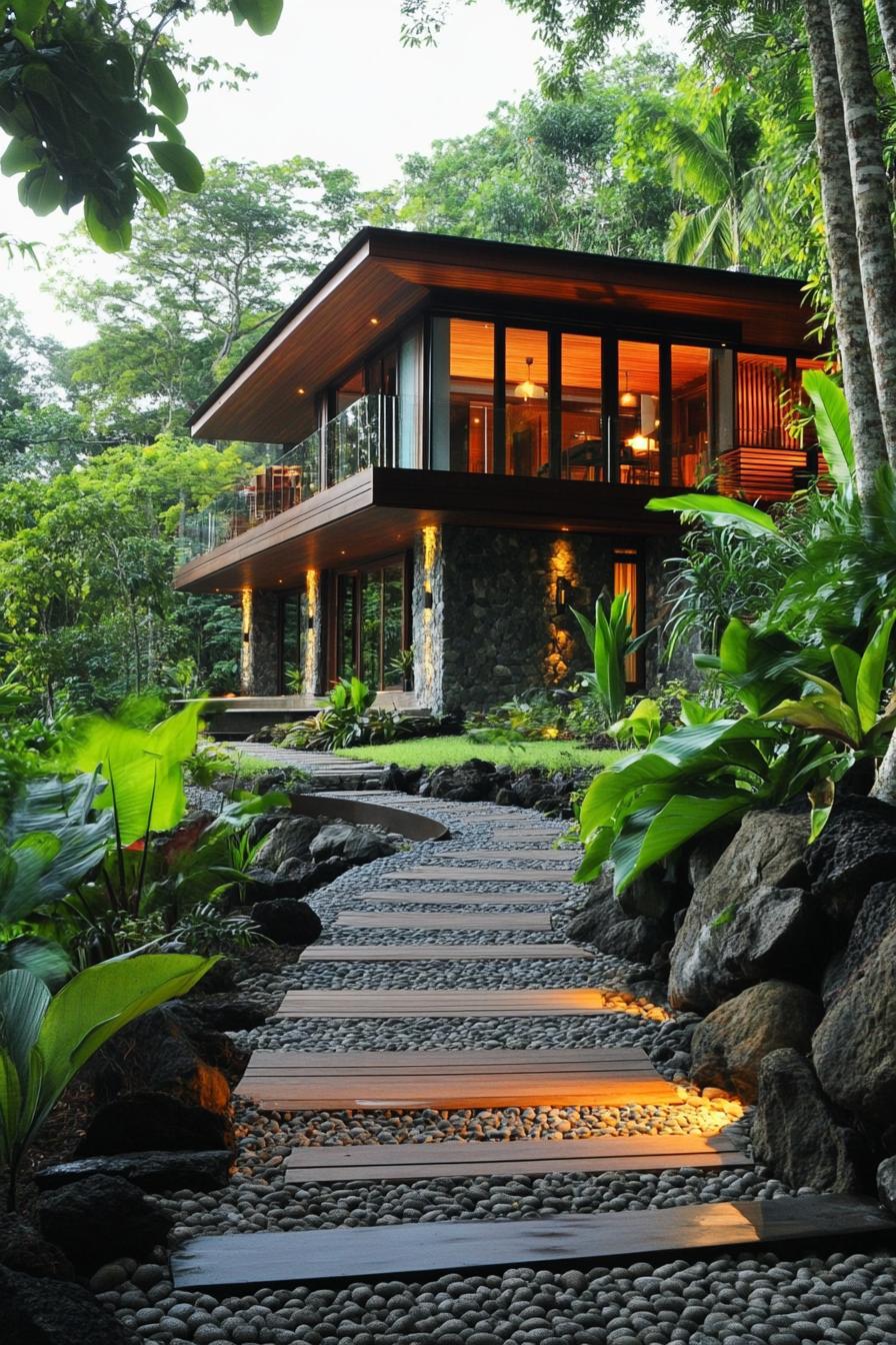 Modern tropical villa with glass walls, surrounded by lush greenery