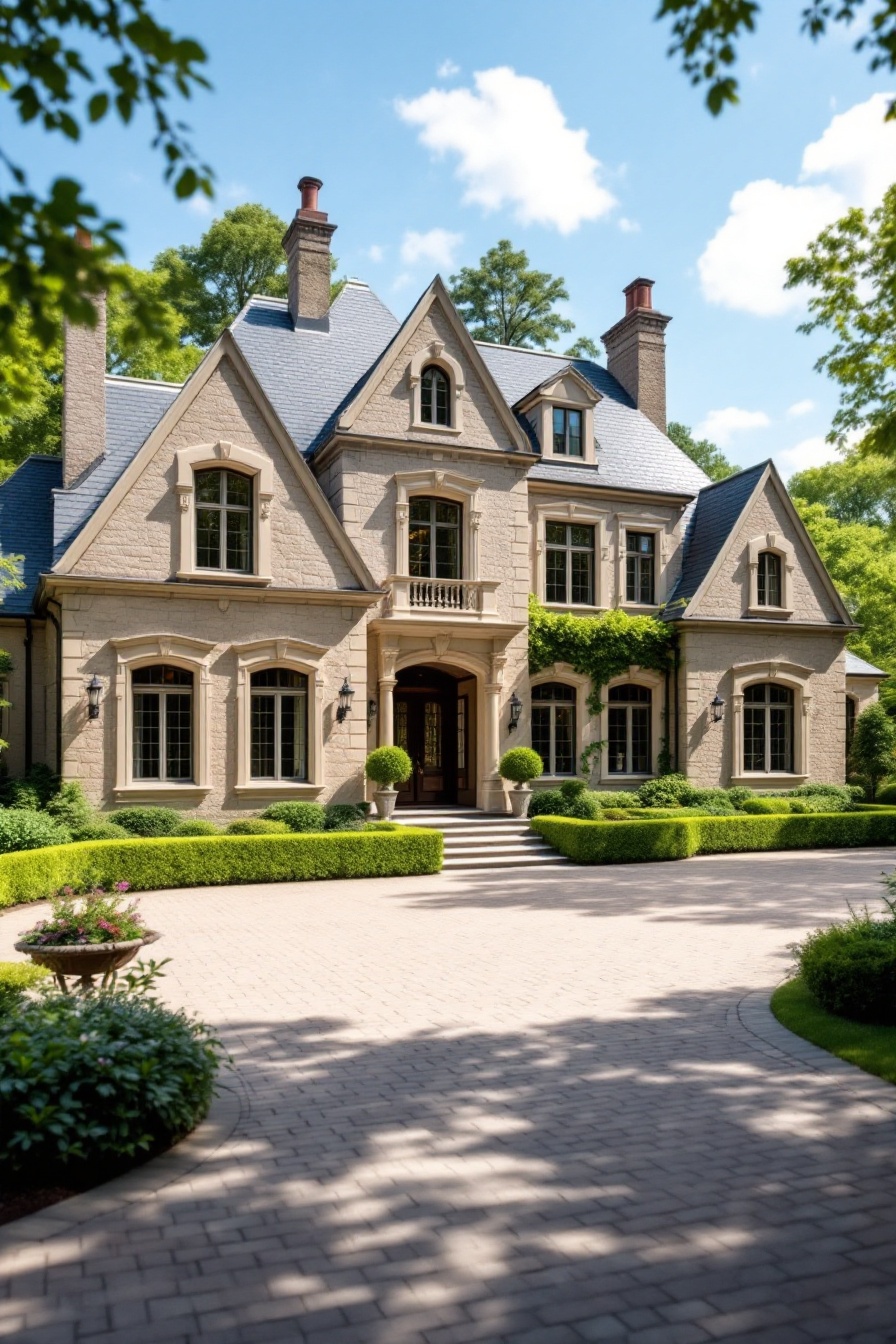 Large suburban house with gables and lush greenery