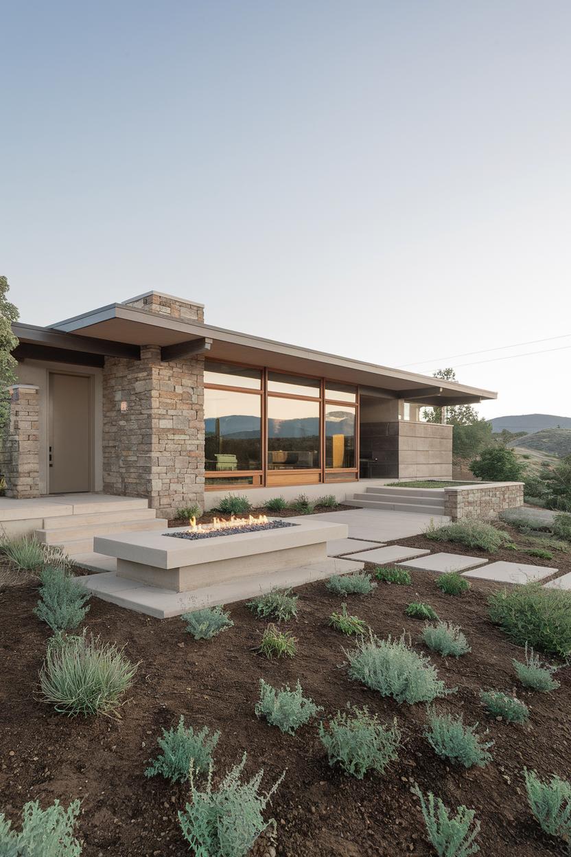 Modern ranch house with stone detailing and large windows