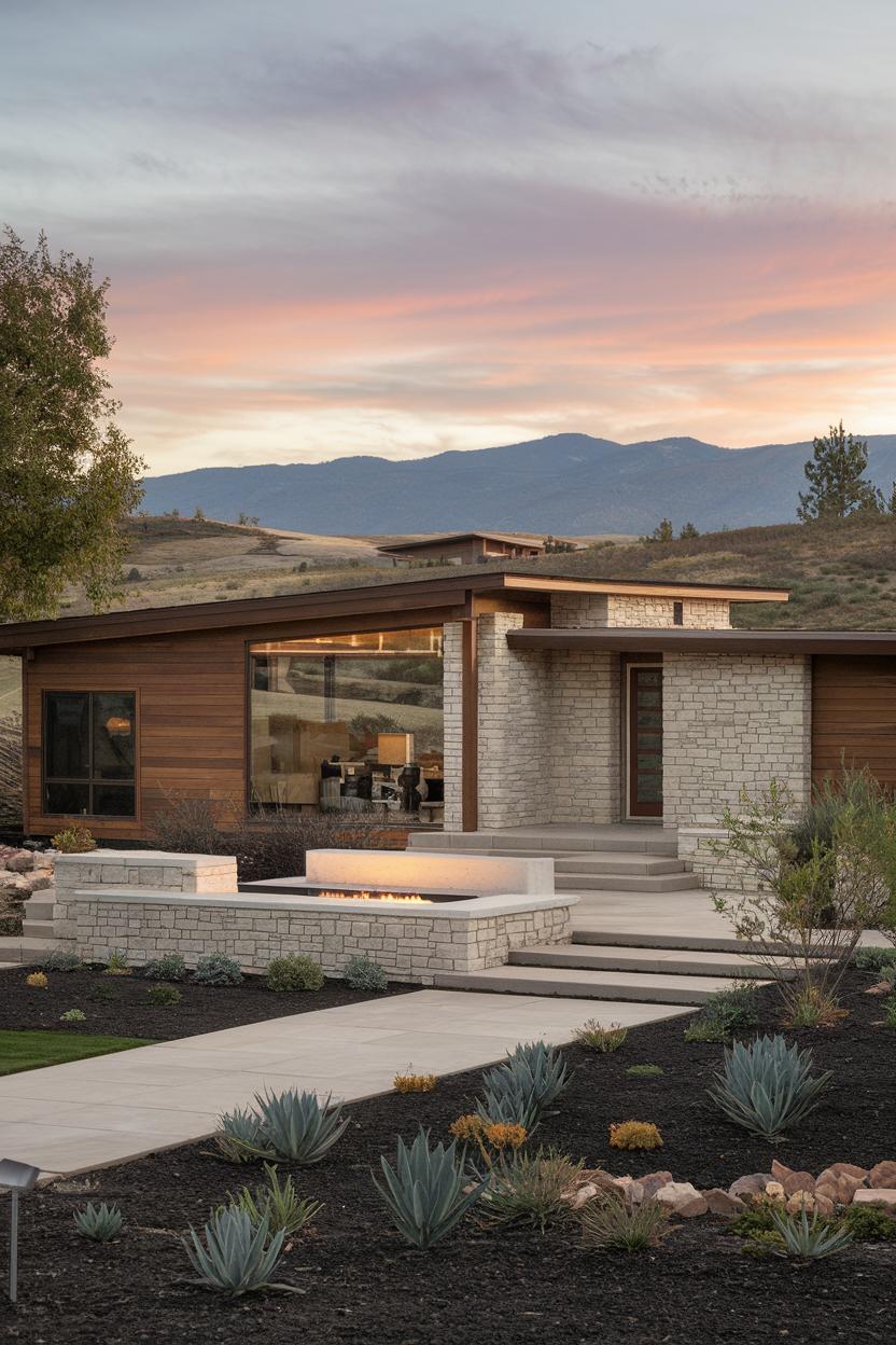 Contemporary ranch house with large windows and outdoor fireplace