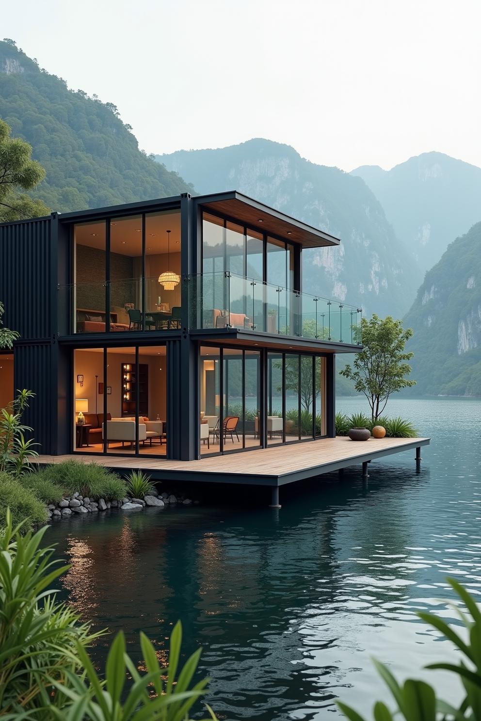 Sleek container house by a lake with mountain backdrop