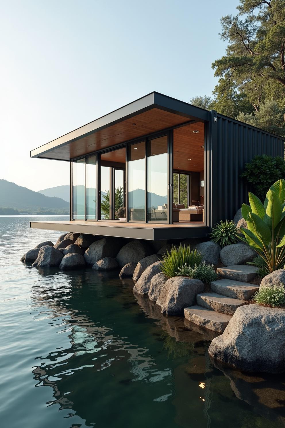 Lakeside container house on rocks with glass walls