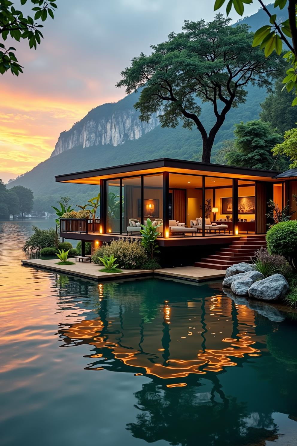 Modern container house by a tranquil lakeside at sunset