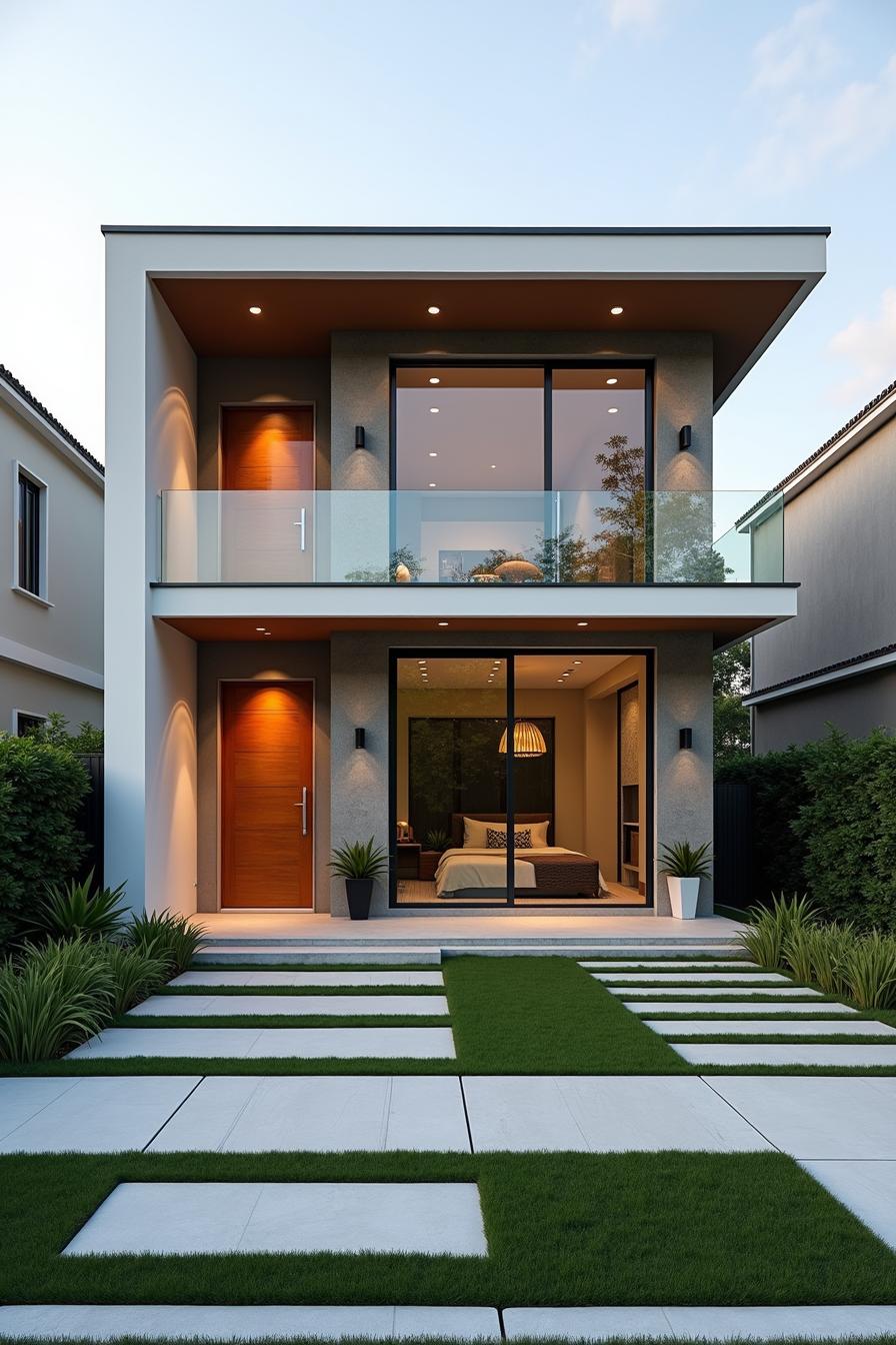 Contemporary house with sleek balcony and large windows