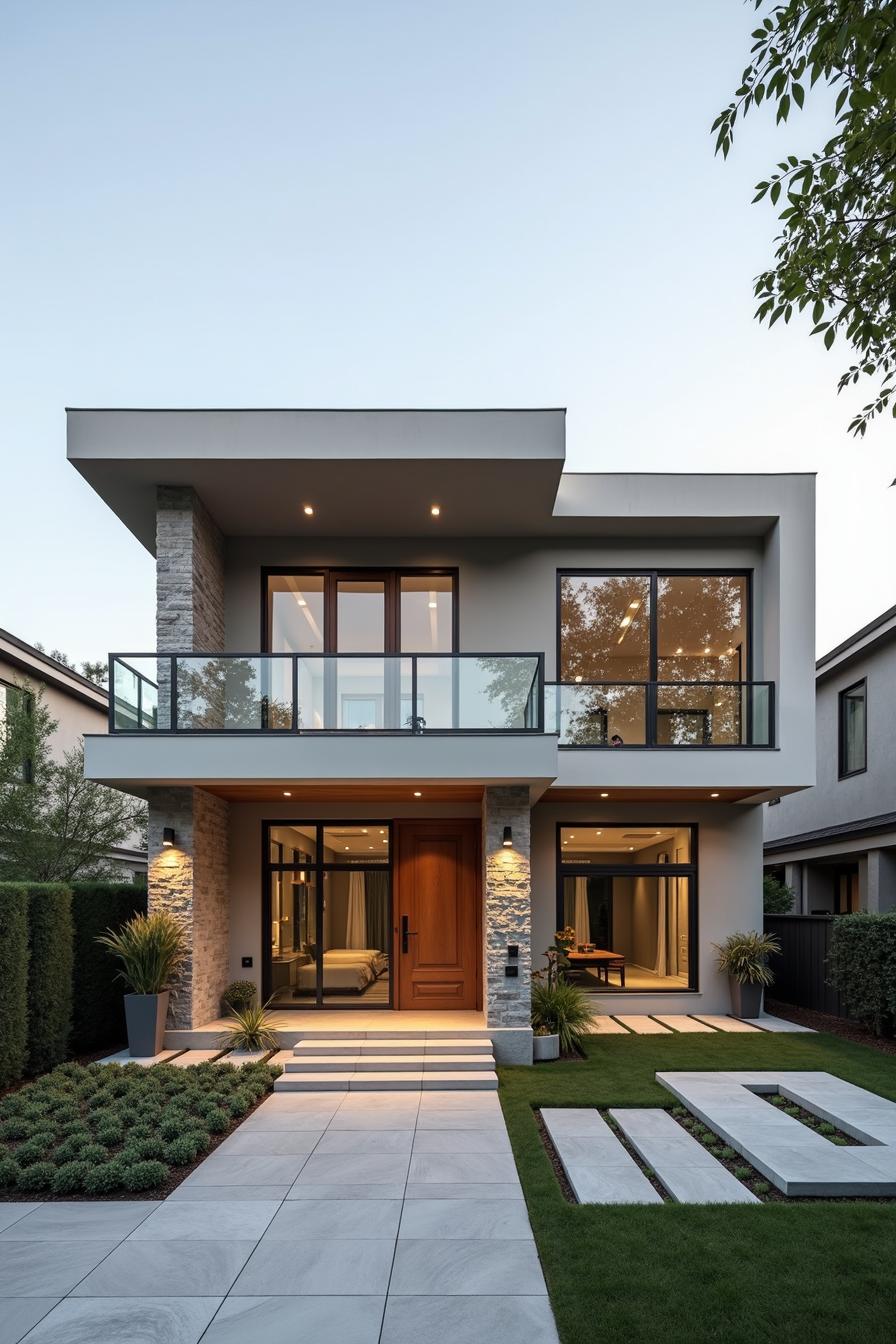 Two-story modern house with large windows and sleek lines