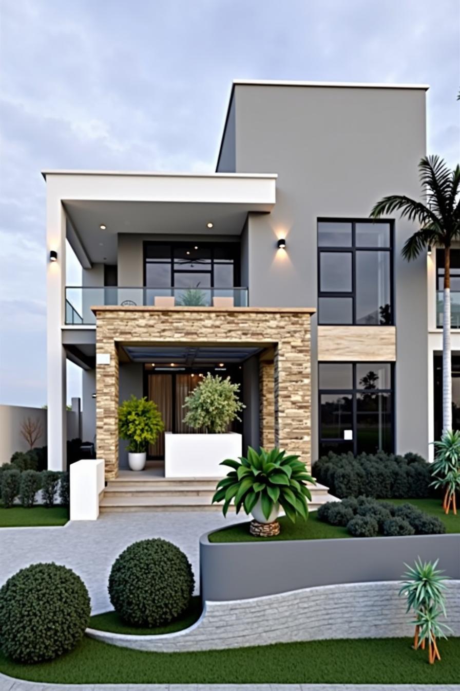 Modern house with stone accents and lush landscaping