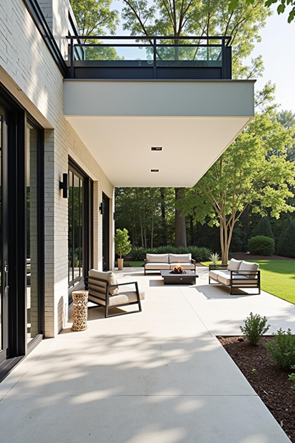 Sunny patio with outdoor seating and fire pit