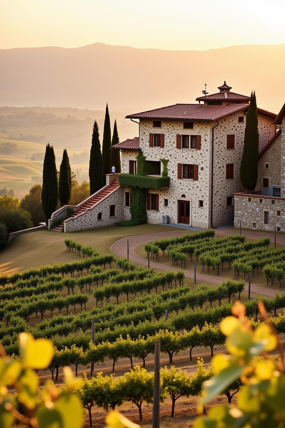 Sunlit villa overlooking lush vineyards