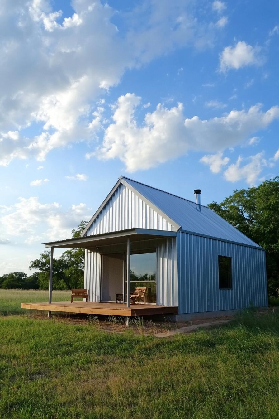 Small metal home with a porch in a grassy field