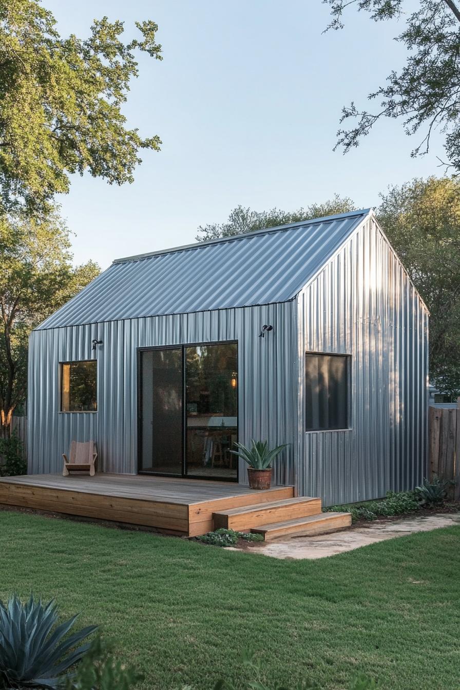 Small metal house with a wooden deck and garden