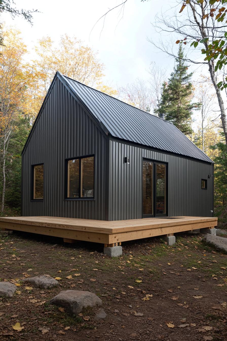 Compact metal home nestled in the woods