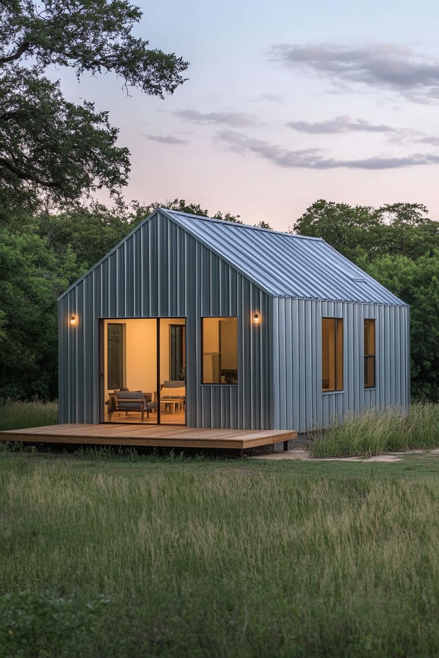 Compact metal home with warm glowing windows surrounded by greenery