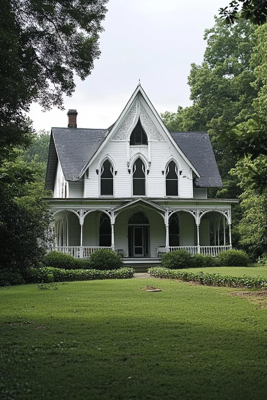 Victorian house surrounded by lush greenery