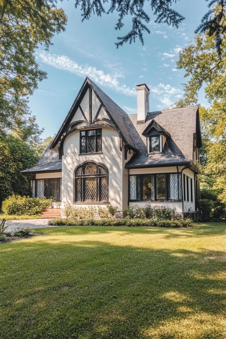 Tudor-style house with lush green surroundings