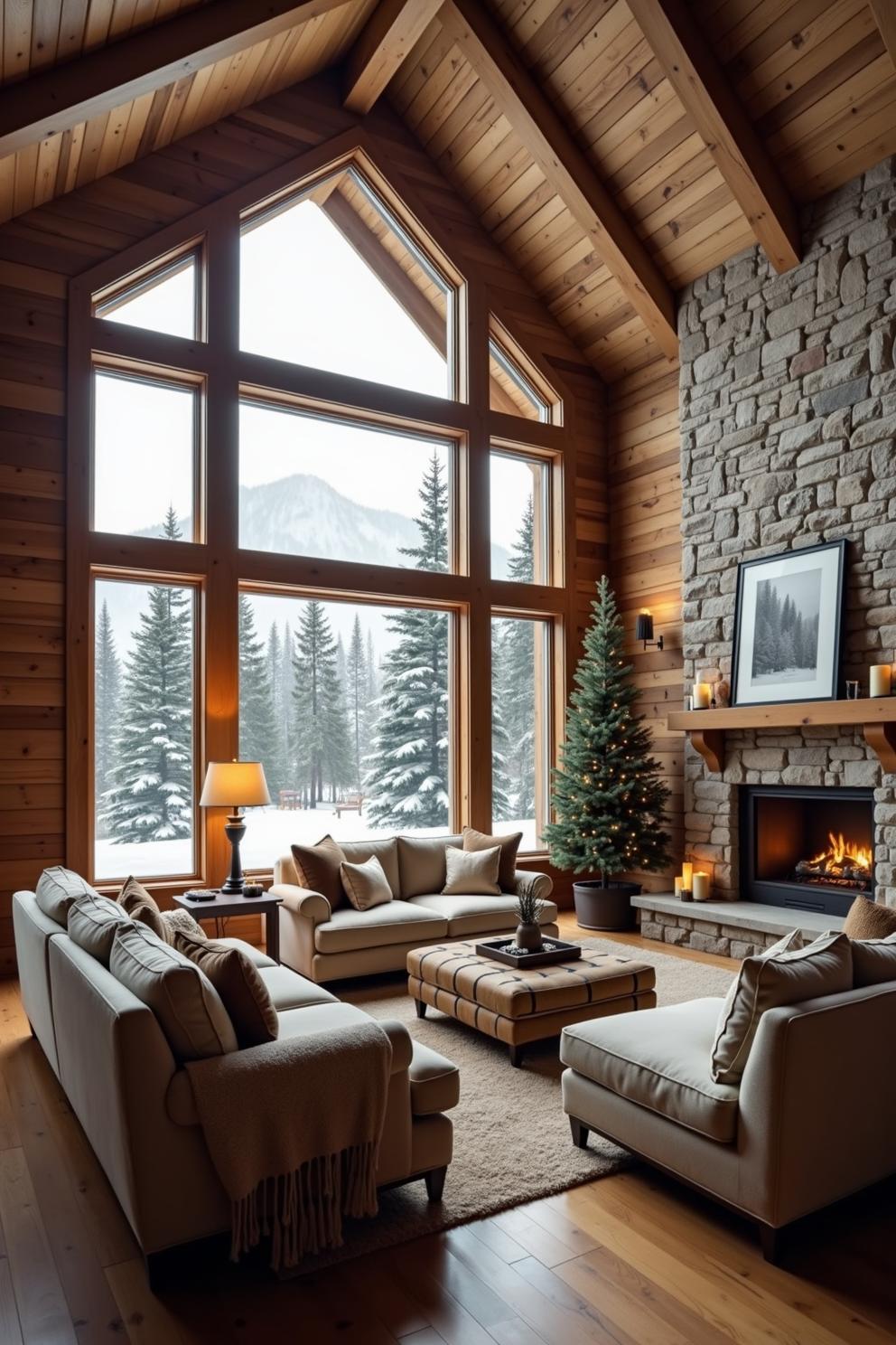 Cozy living room with large windows and fireplace