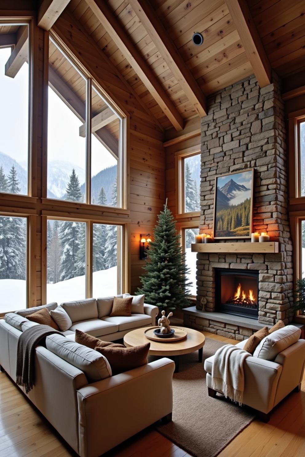 Cozy cabin living room with a fireplace and large windows