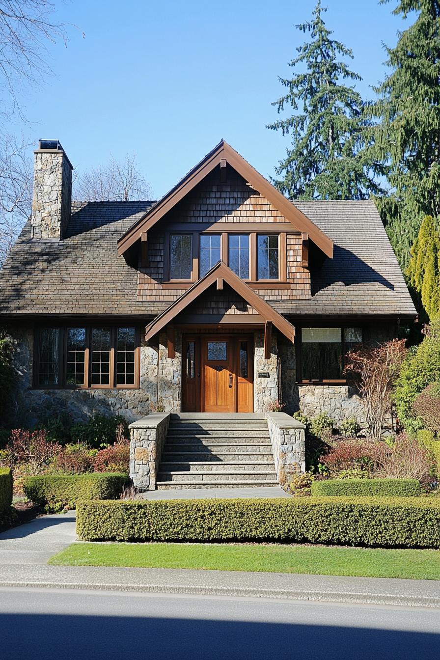 Elegant suburban house with stone facade and wooden accents