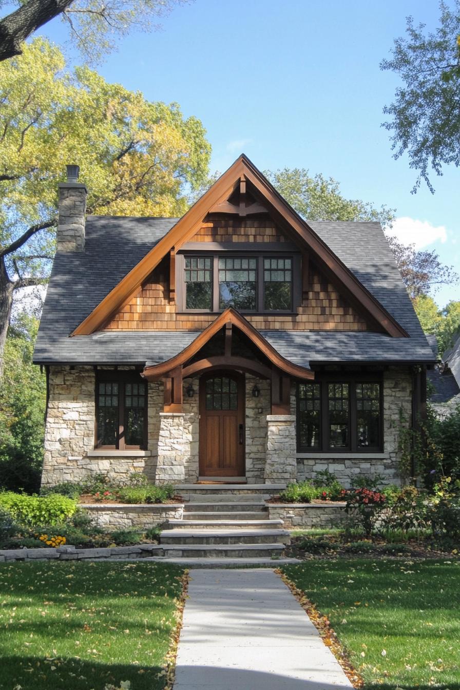 Cozy suburban home with stone facade and gabled roof