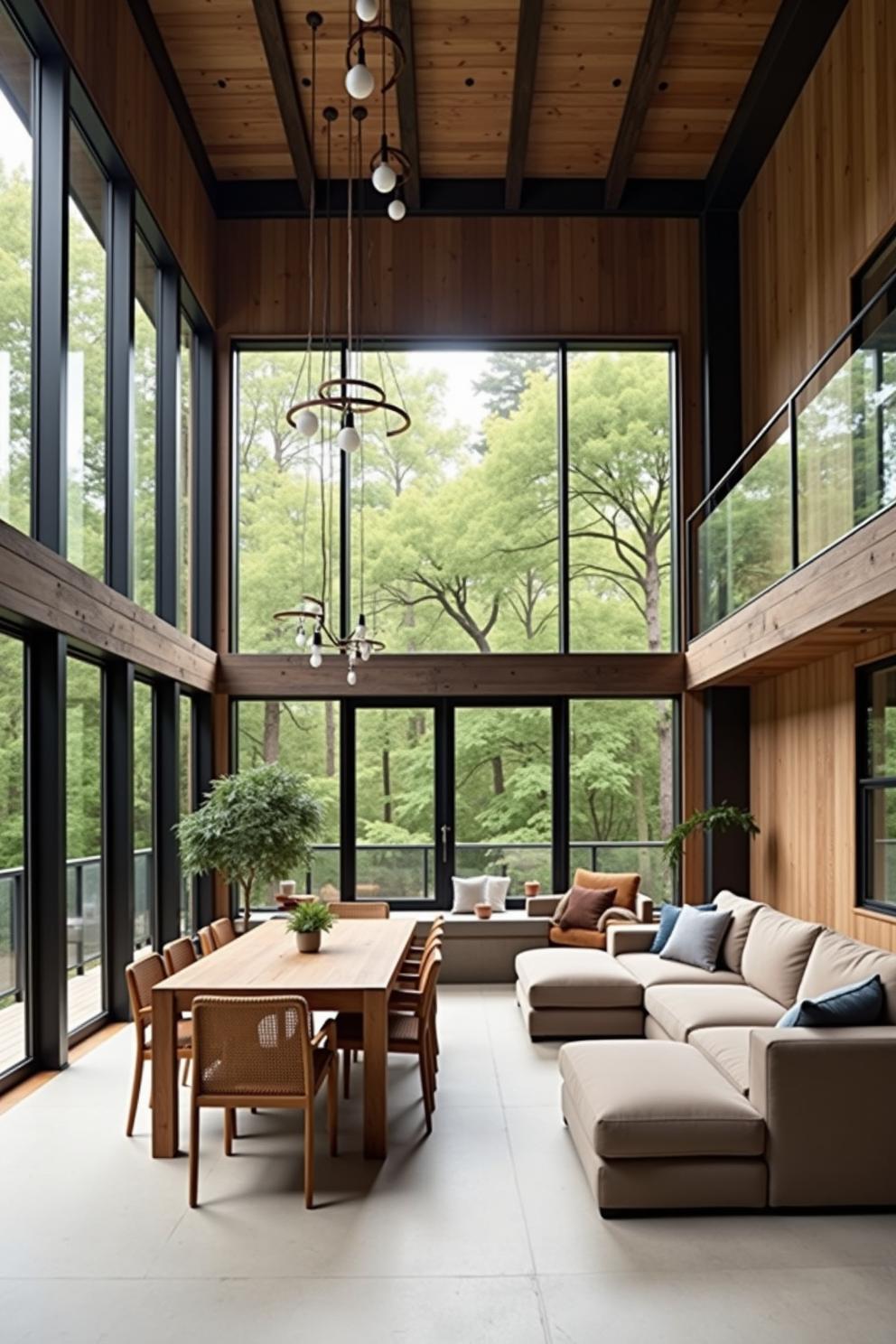 Modern loft with floor-to-ceiling windows overlooking lush trees