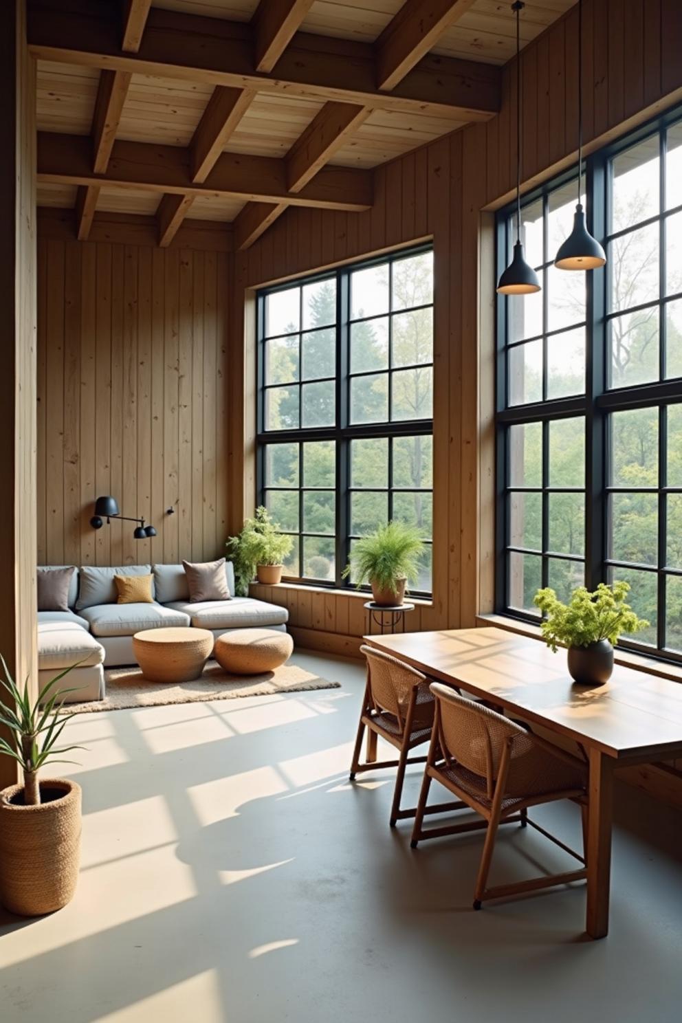 Bright loft with large windows and wooden interior