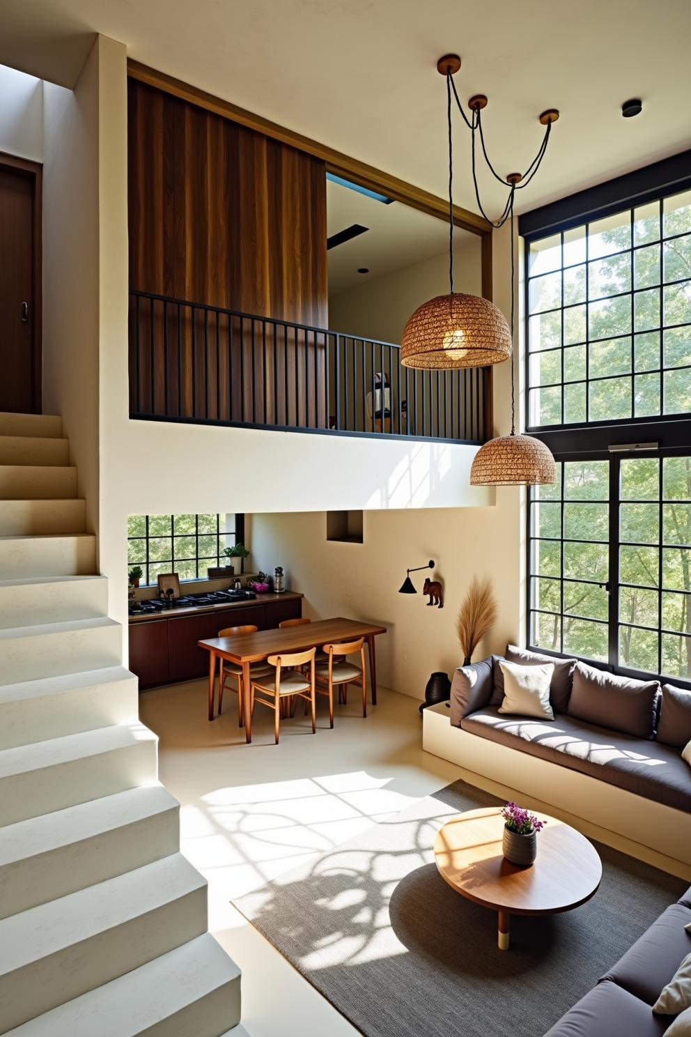 Bright and airy loft living room with large windows and cozy furnishings