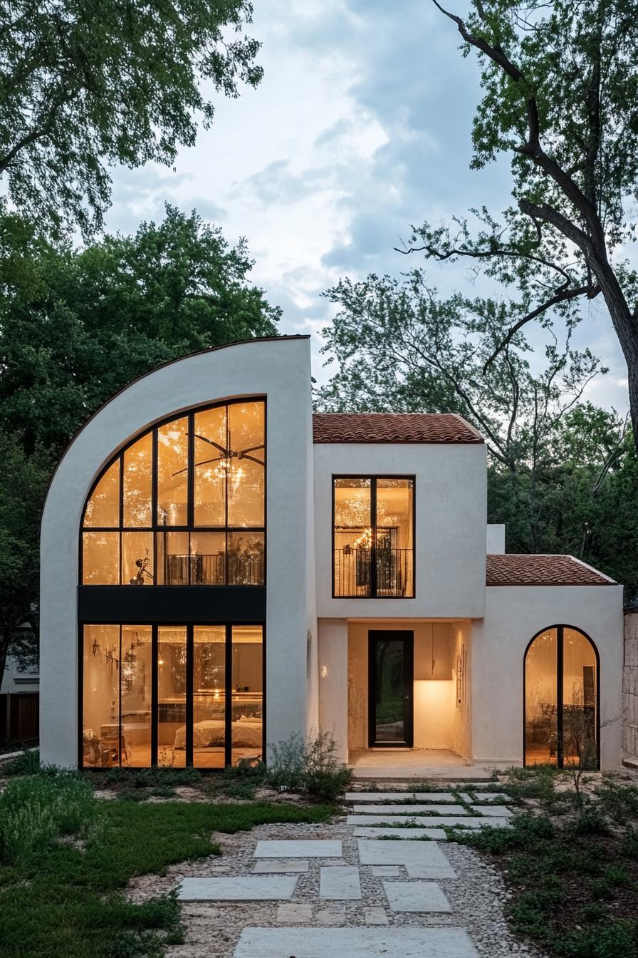 Modern bungalow with arched windows and warm lights