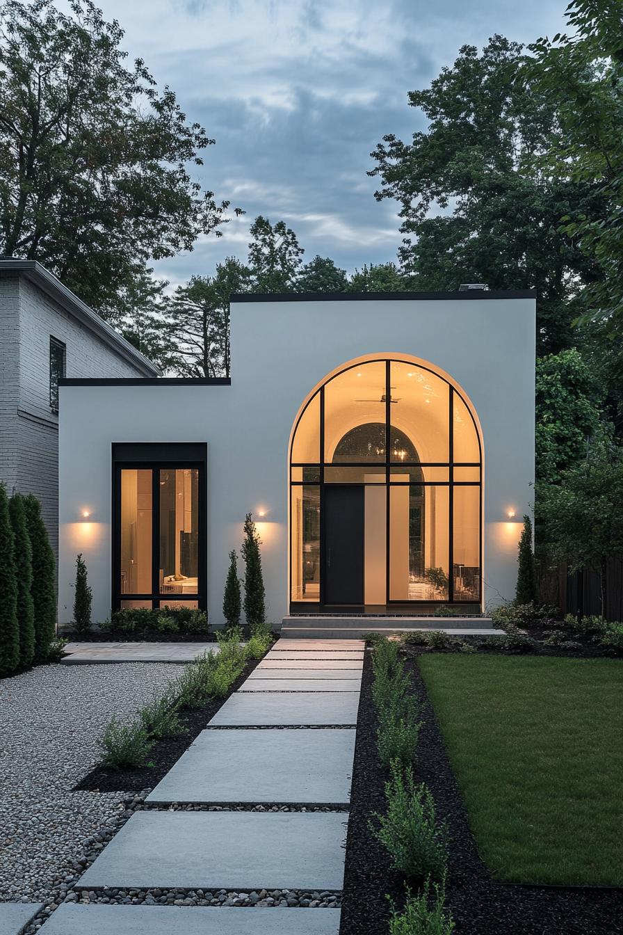 Modern bungalow with large arched windows and a lit interior