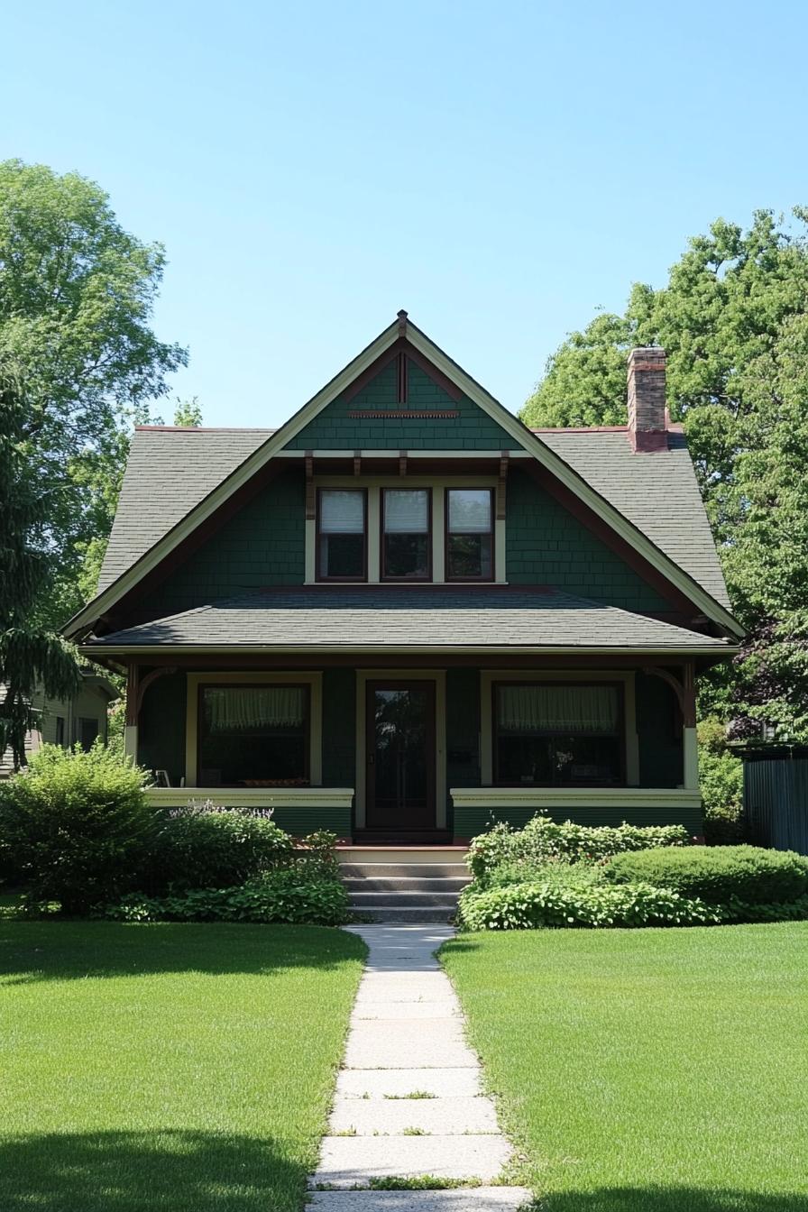 Classic green house with a steep roof and lush garden