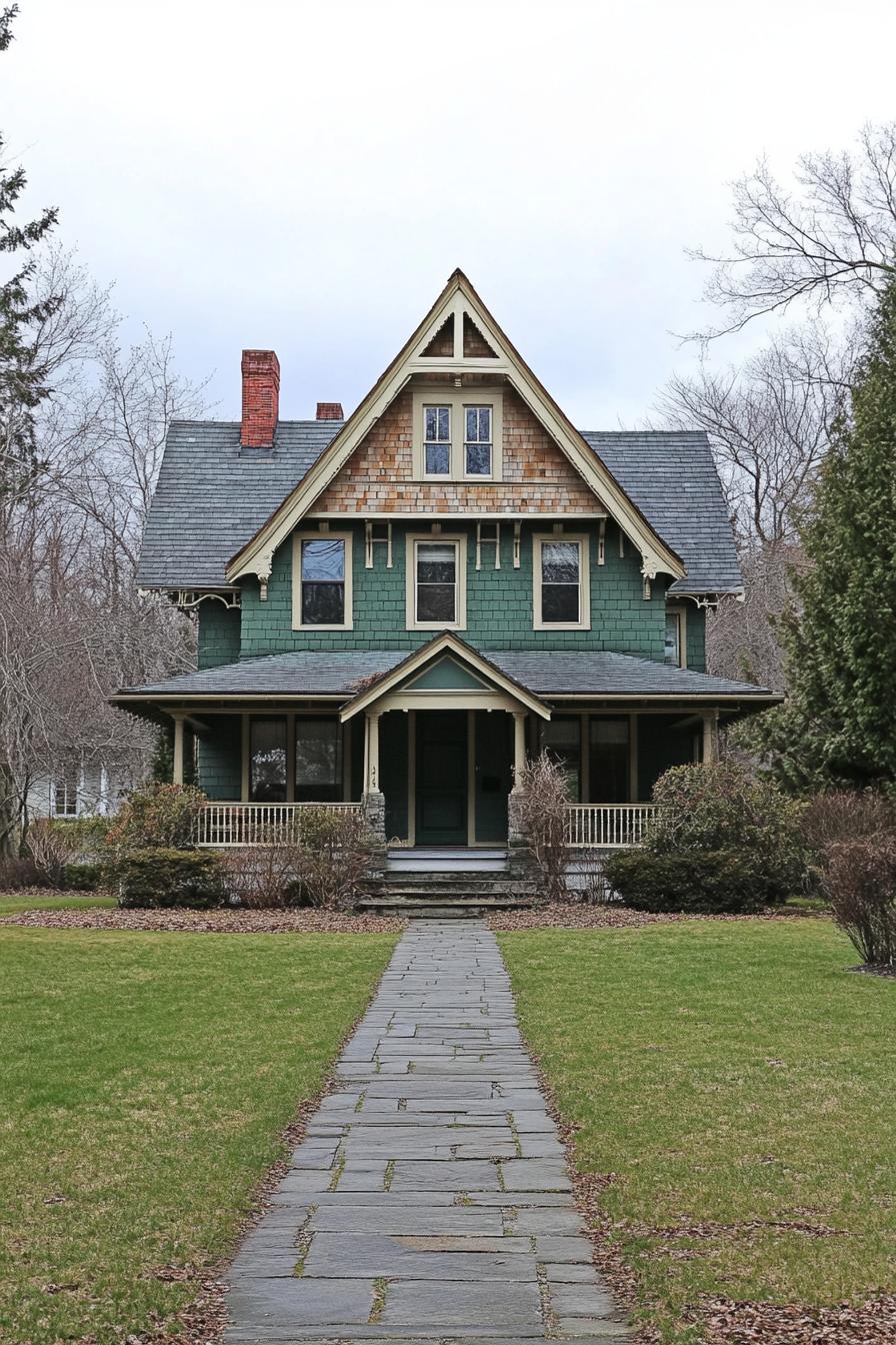 Green house with a steep roof and front porch