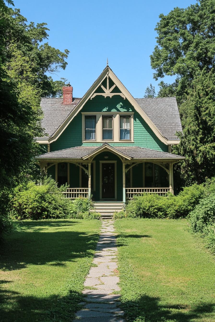 Green Victorian house with a triangular gable roof nestled among trees