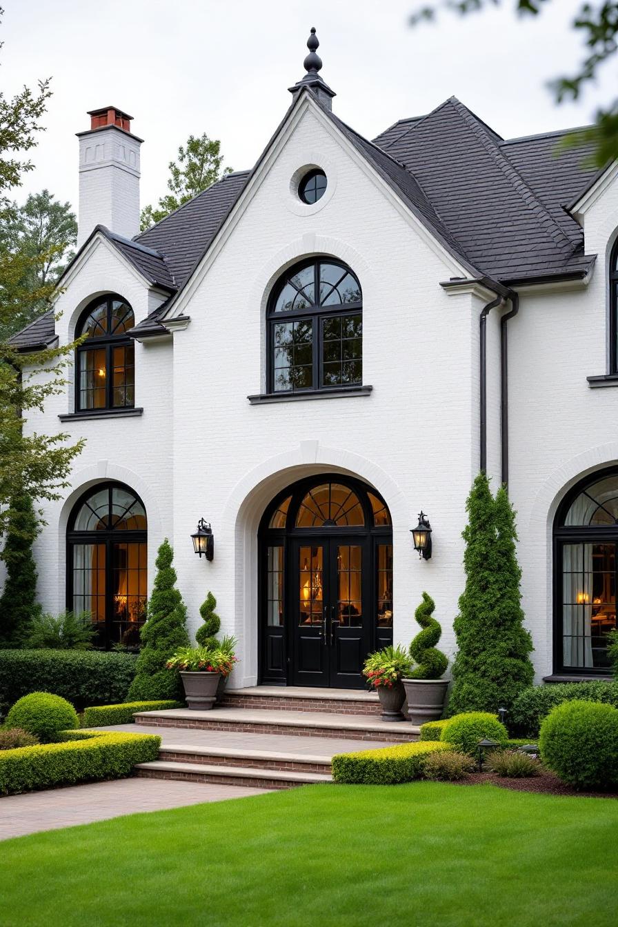 White brick house with black framed windows and arched doors