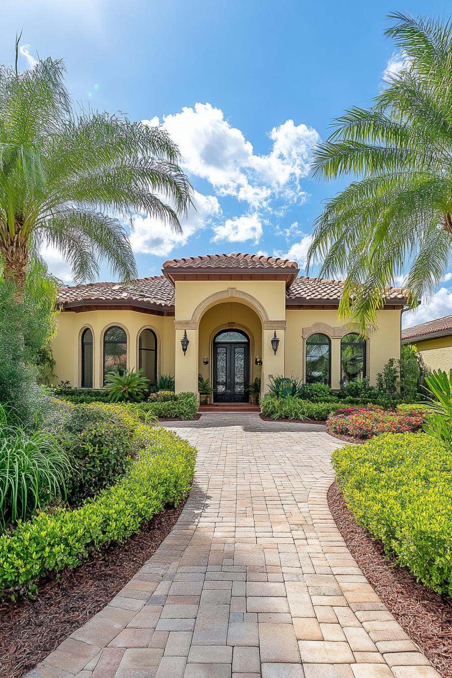 Elegant villa framed by palm trees and greenery, with a central archway and a paved walkway