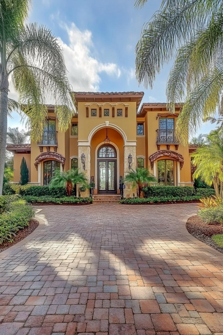 The house features a Mediterranean style facade with stucco walls and wrought iron details creating an inviting aesthetic. It incorporates terracotta 3