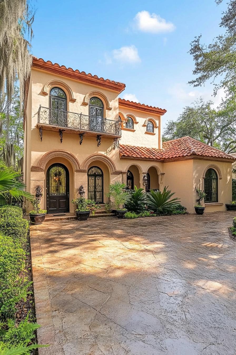 Two-story villa with arched windows and terrace, surrounded by greenery