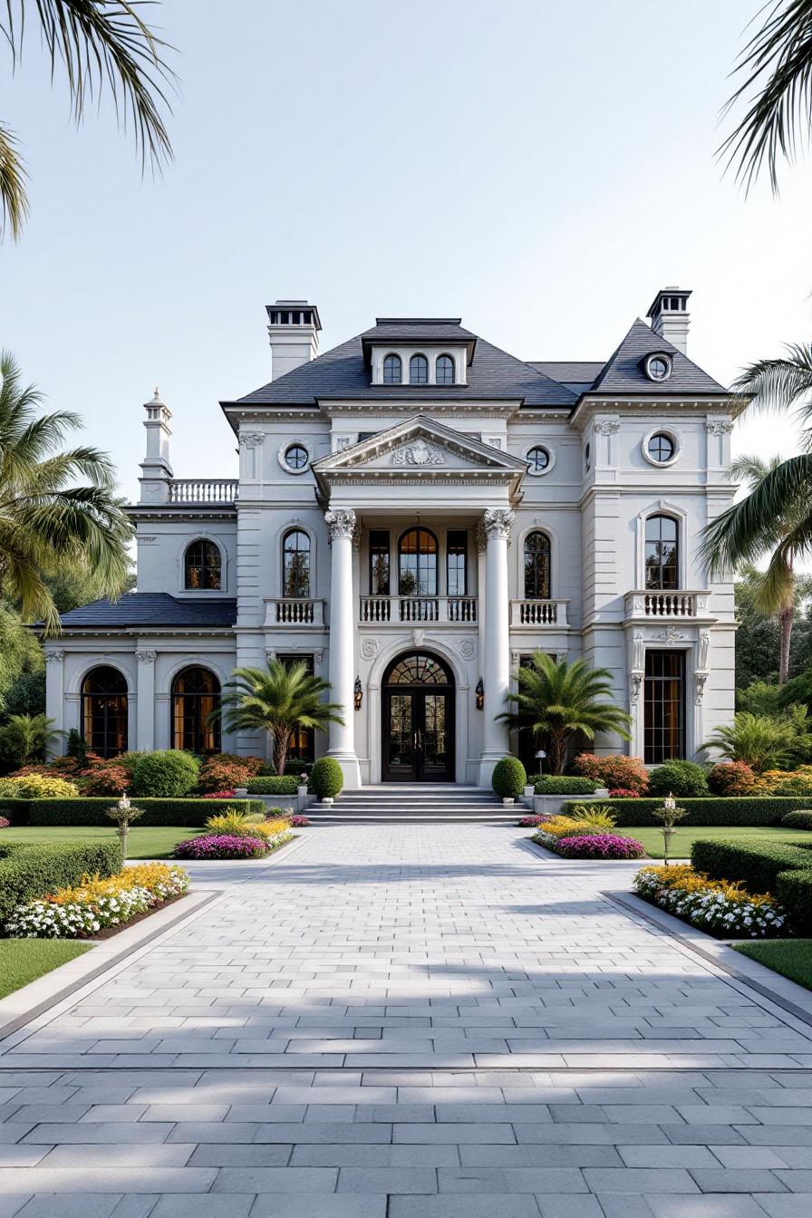 Sprawling estate with elegant columns and manicured gardens